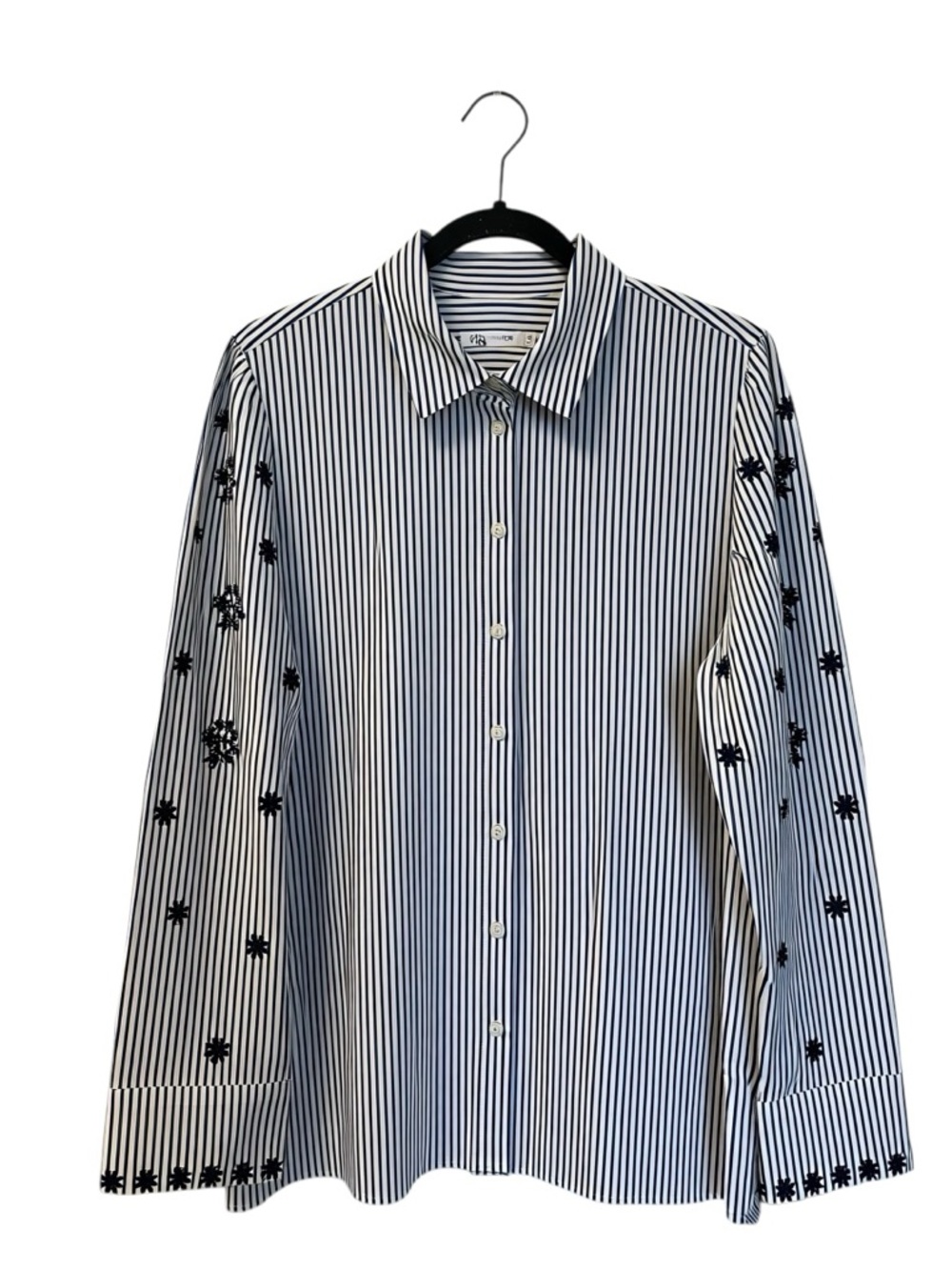 Chico's Striped Embroidered No-Iron LS Button Front Shirt White/ Navy SZ3(US16)